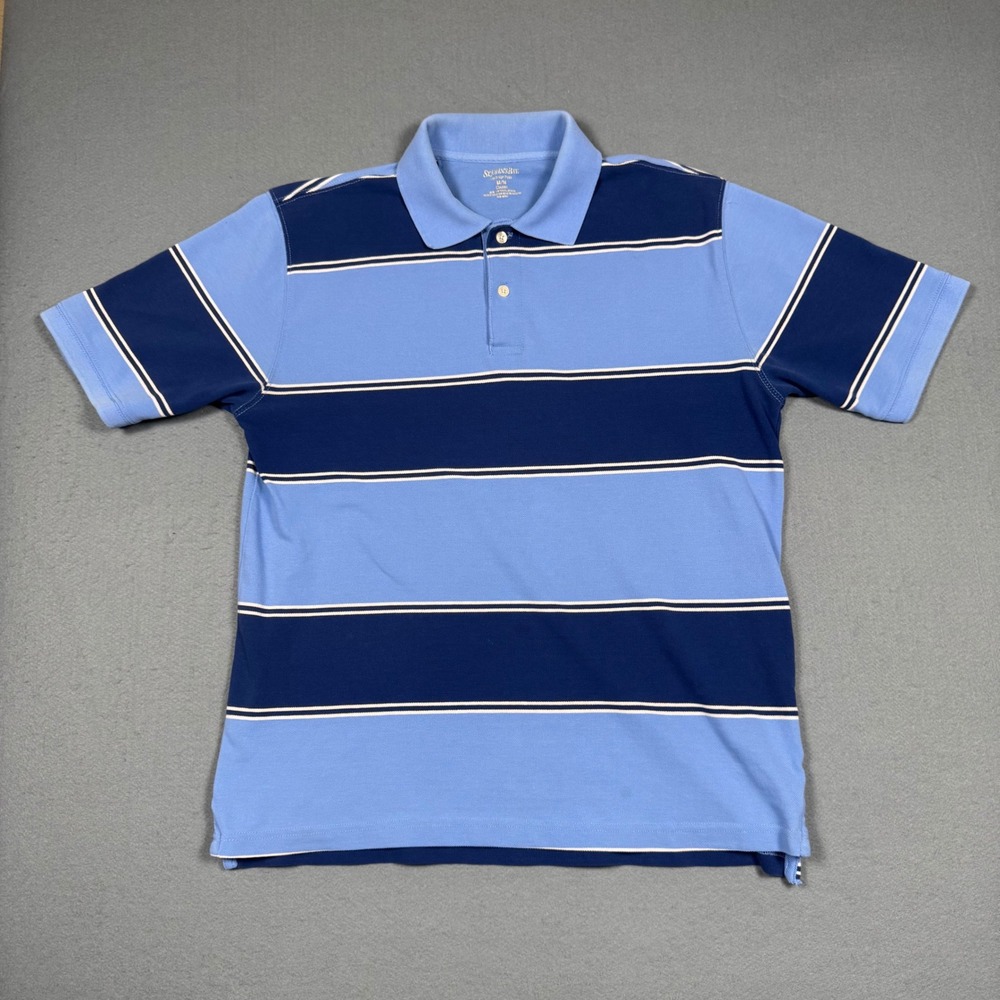 St. Johns Bay Heritage Polo Mens Medium Blue Striped Short Sleeve Shirt Classic